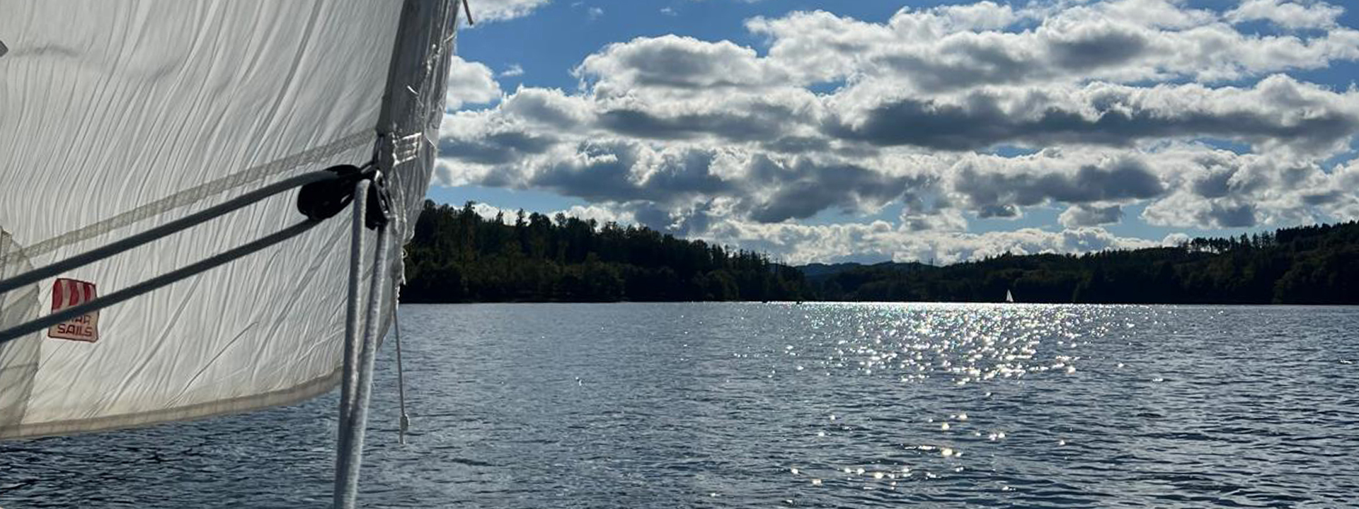Sicht von einem Sportboot auf das Ufer. Das Segel in im Anschein erkennbar.